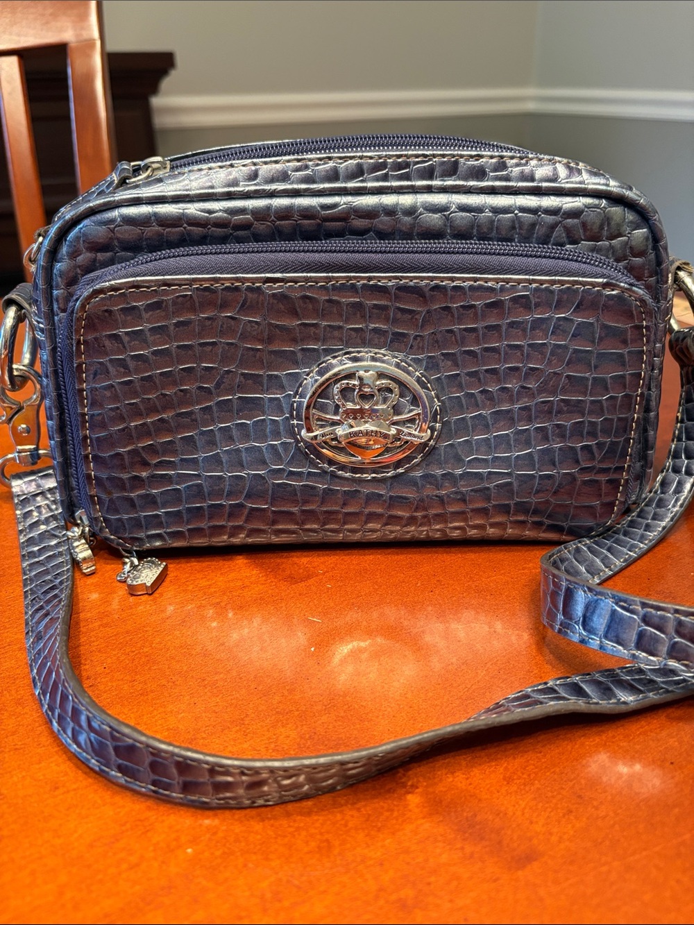 Kathy Van Zeeland Navy Croc-Embossed Messenger Crossbody Bag